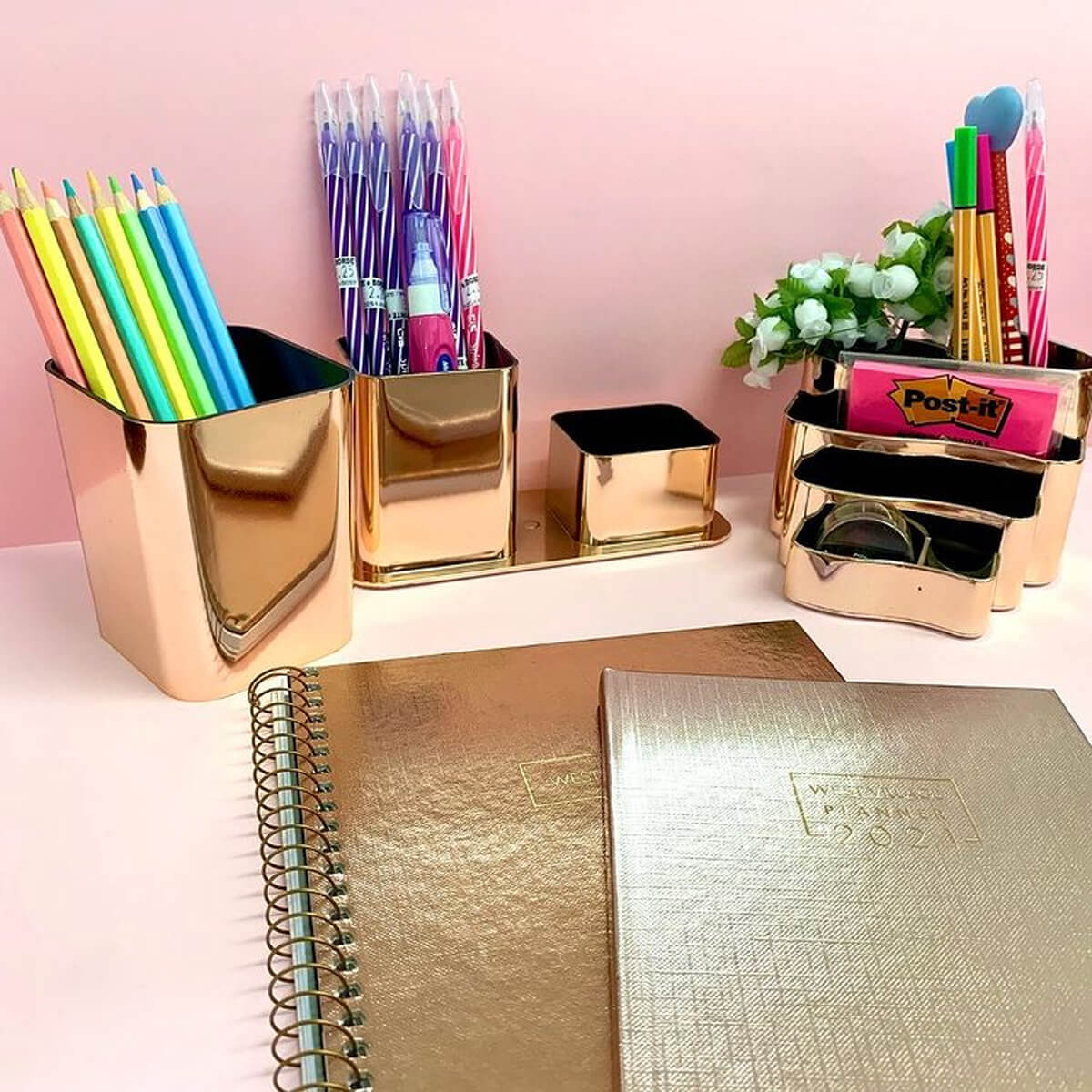 Porta Caneta Lápis Dello Porta Objetos Organizador De Bancada Rose Gold Metalizado