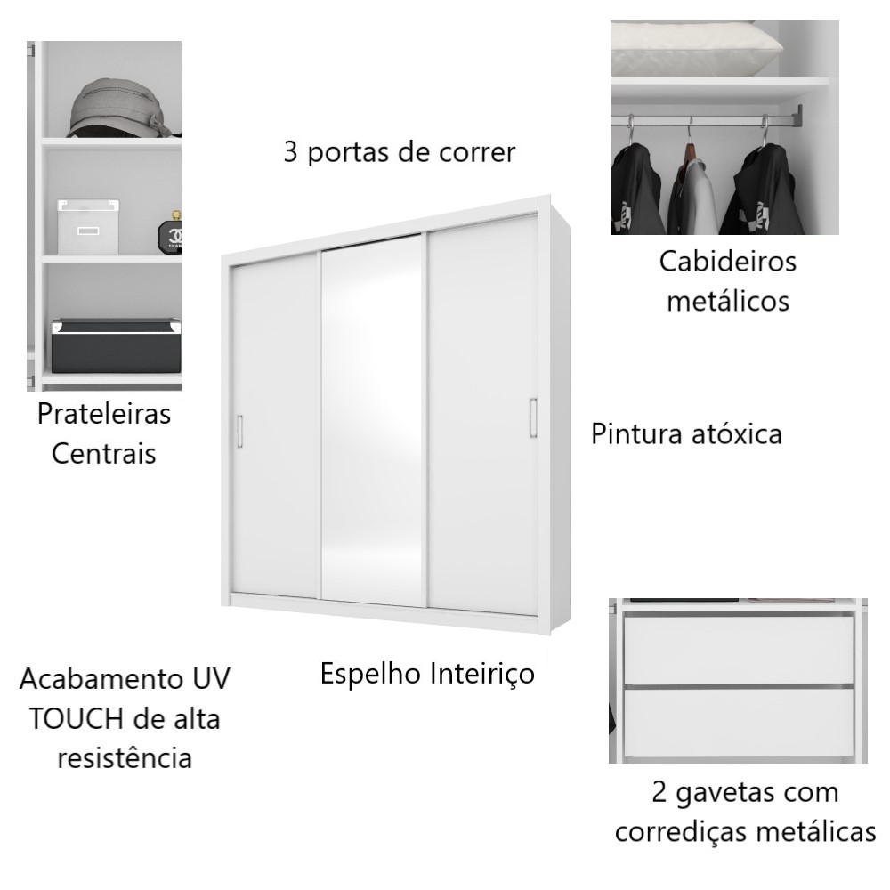  Guarda Roupa Casal Residence 3 portas de correr c/ Espelho - Demóbile