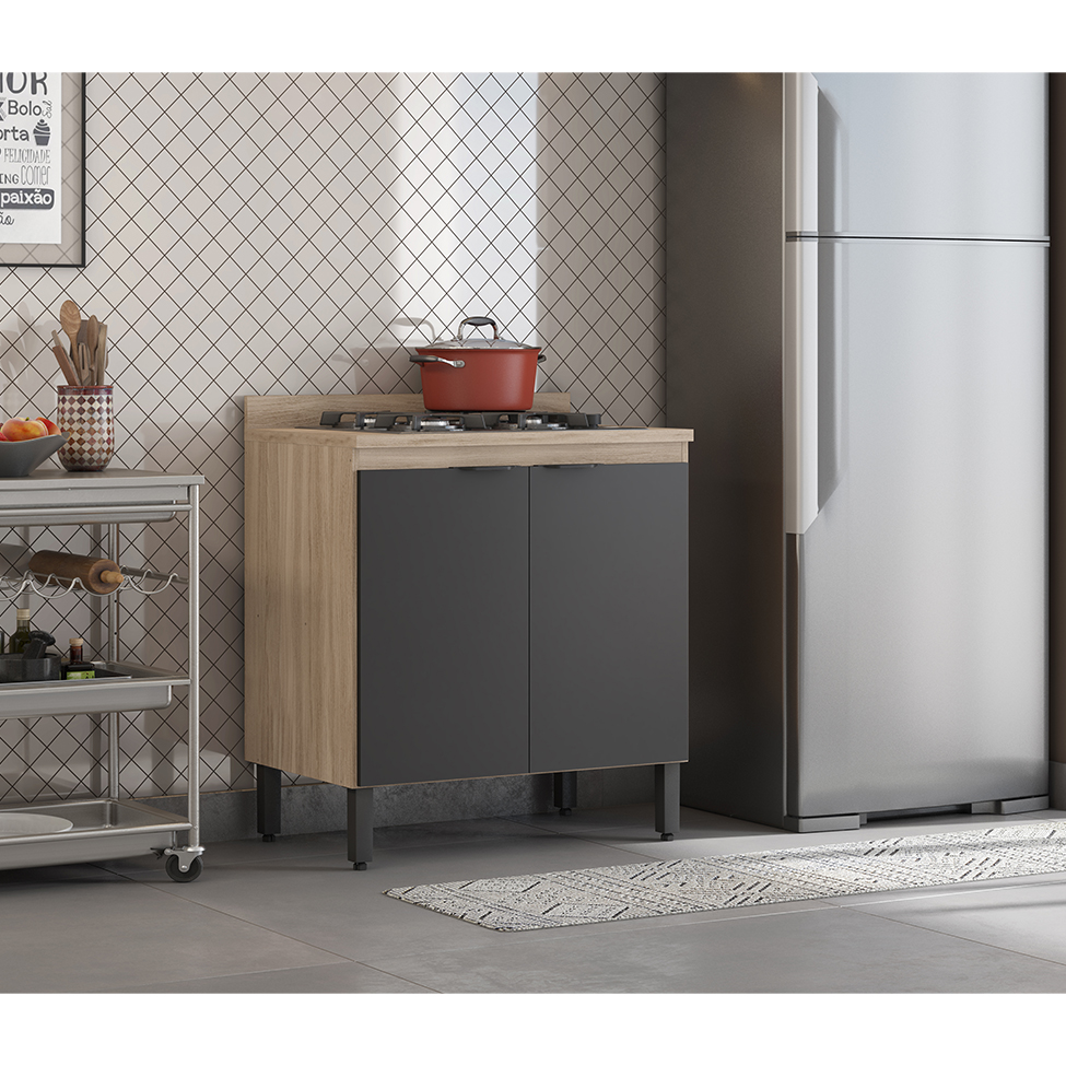 Balcão de Cozinha Firenze com Tampo 2 Portas Avena e Grafito