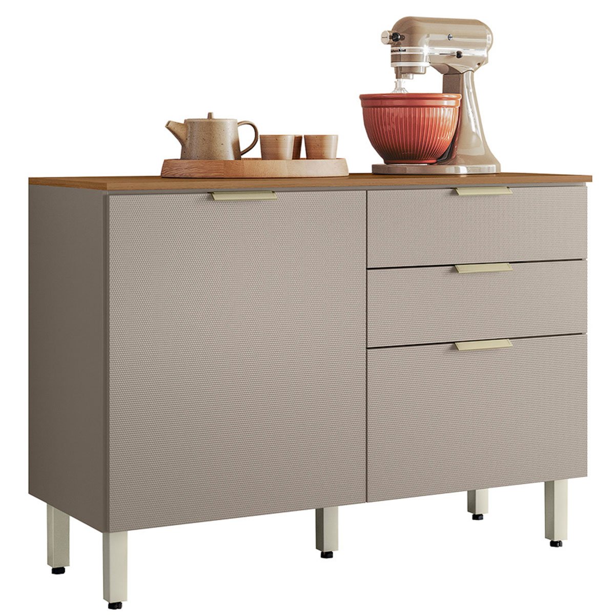 Balcão para Cozinha 120cm 2 Portas 2 Gavetas Olga Amêndola/Nude