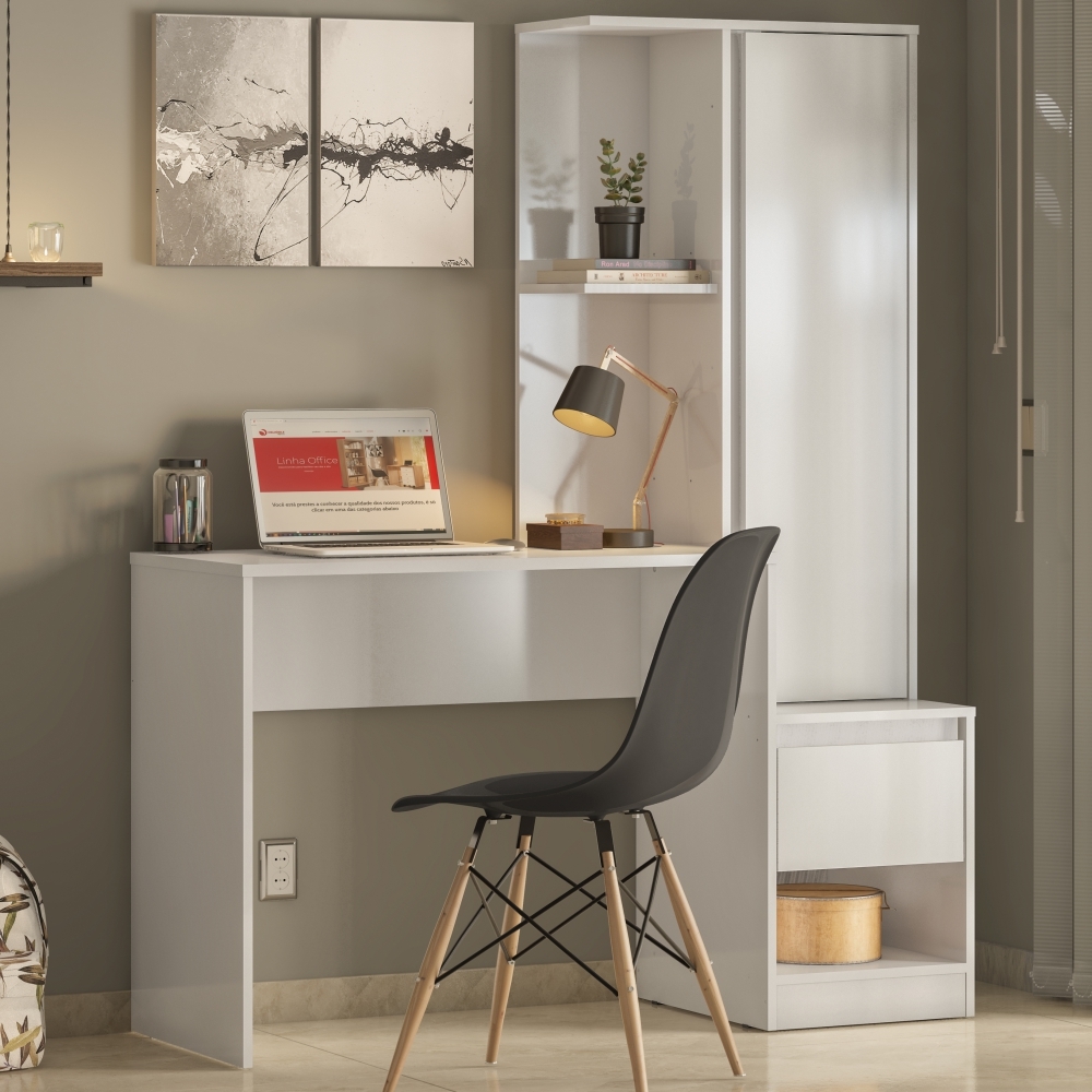 Bancada Office com Estante Walker Branco