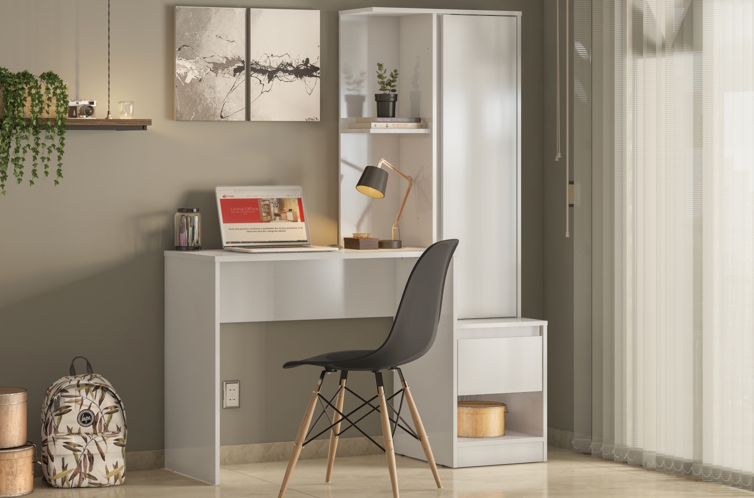 Bancada Office com Estante Walker Branco