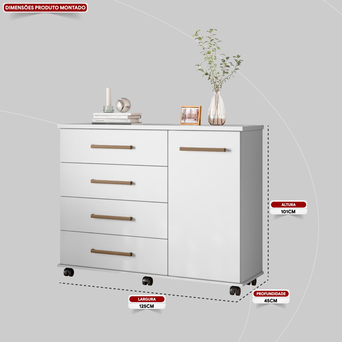 Cômoda Flora 1 Porta 4 Gavetas 1,25 m - Comoda para Quarto - Demobile