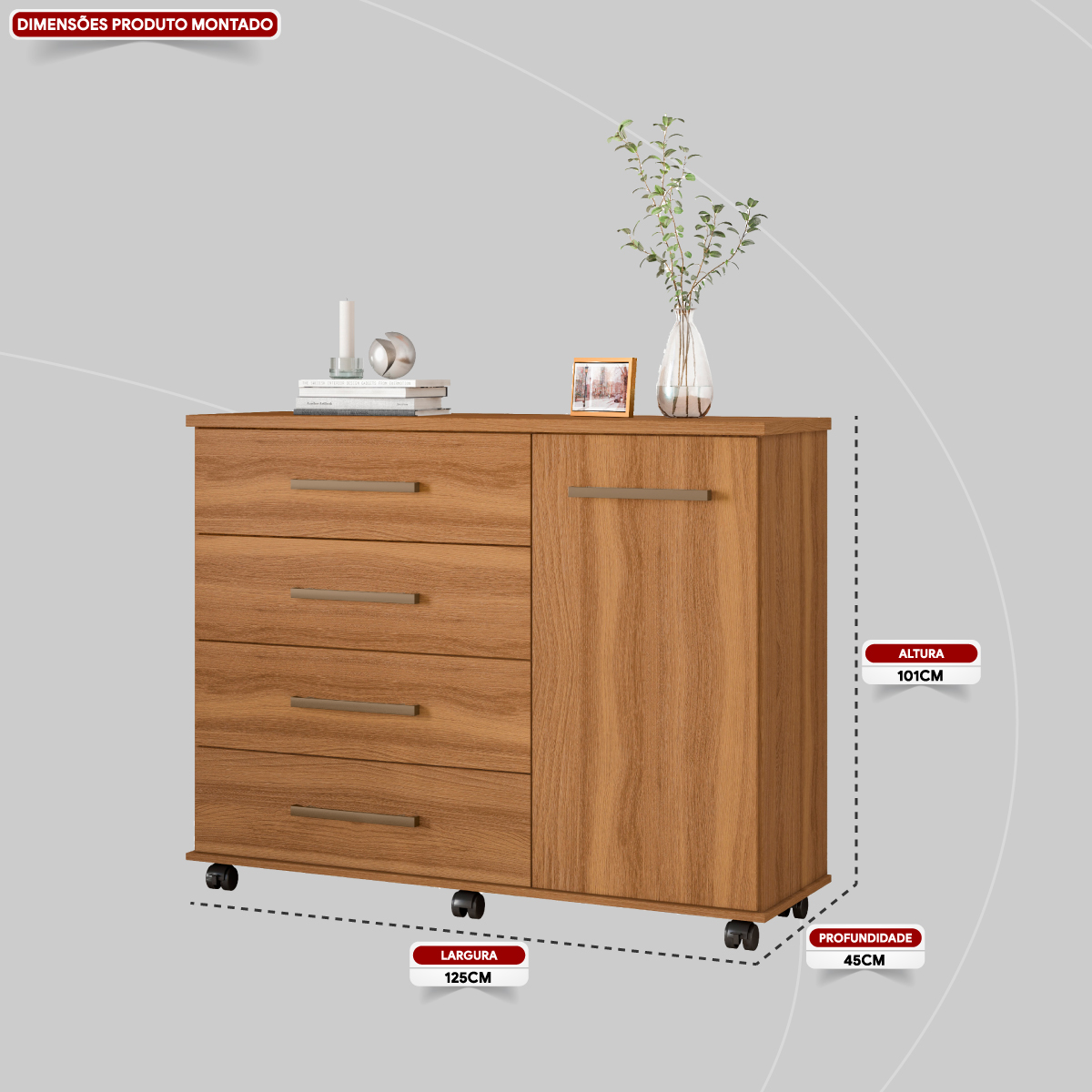 Cômoda Flora 1 Porta 4 Gavetas 1,25 m - Comoda para Quarto - Demobile