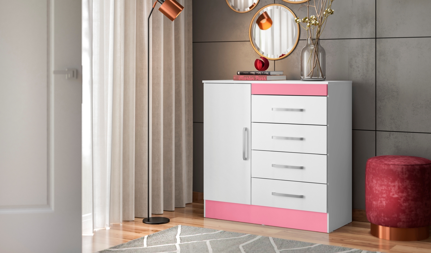 Cômoda Haley 1 Porta Branco Rosa