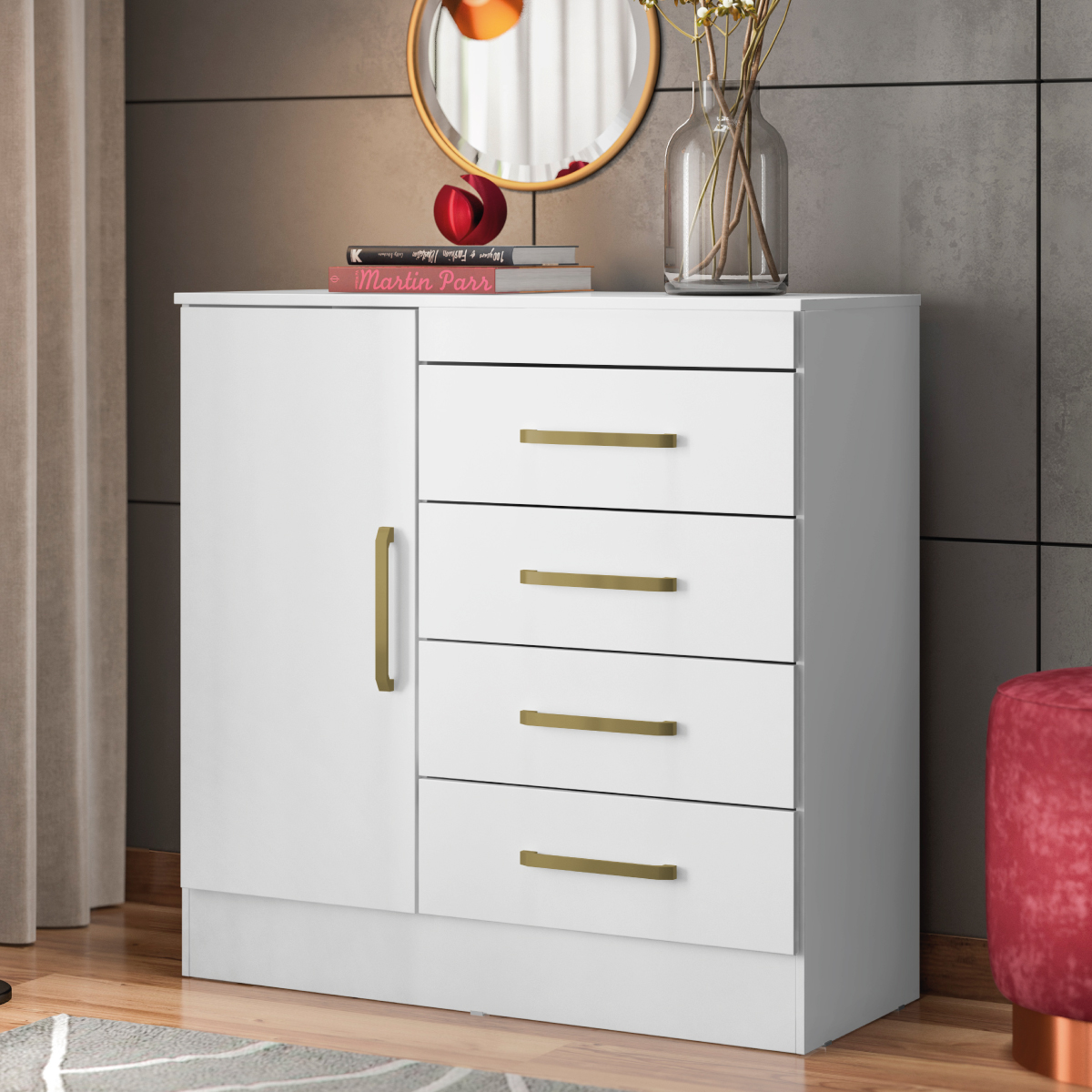 Cômoda Montevidéu 1 Porta 4 Gavetas 91 cm - Comoda para Quarto - Demobile