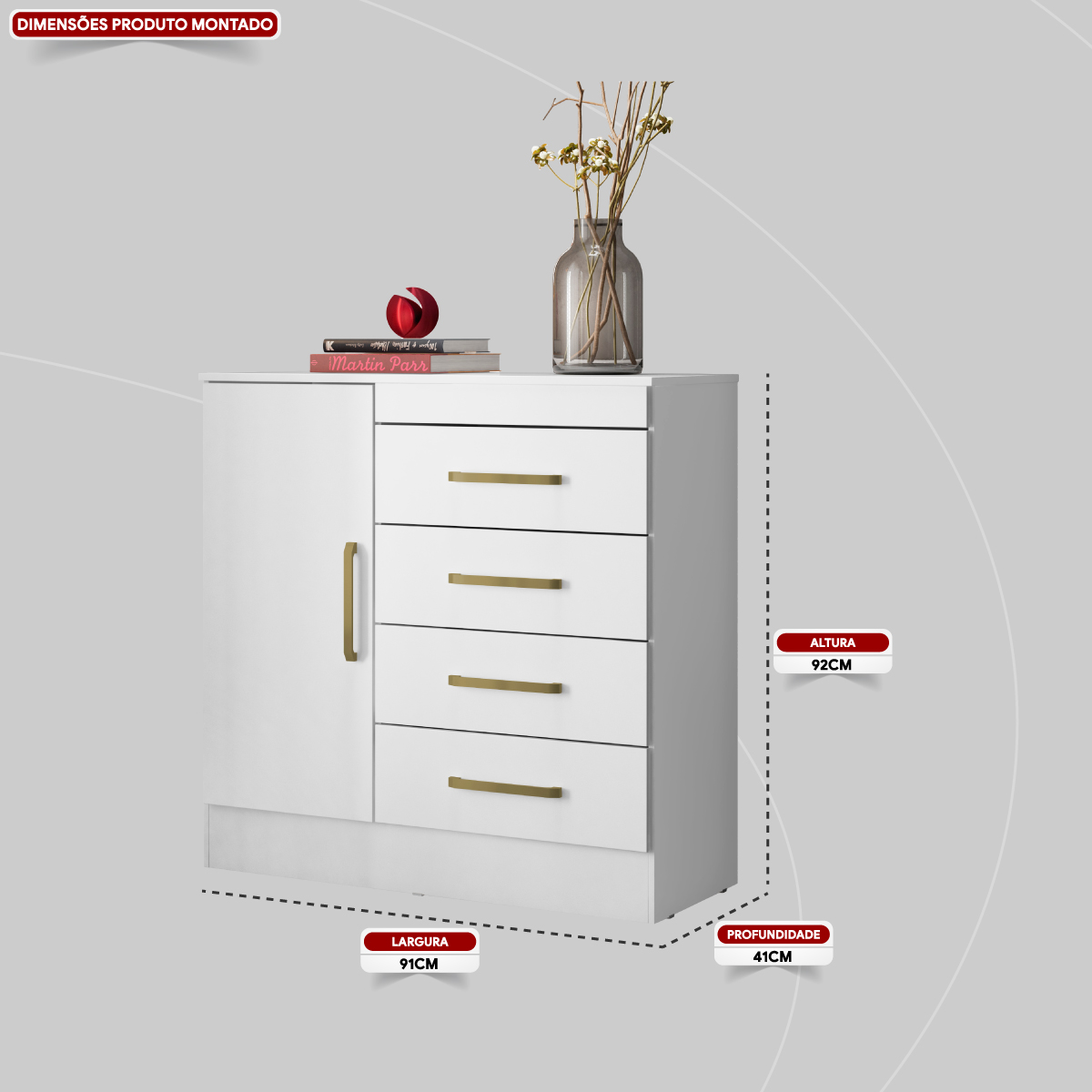 Cômoda Montevidéu 1 Porta 4 Gavetas 91 cm - Comoda para Quarto - Demobile