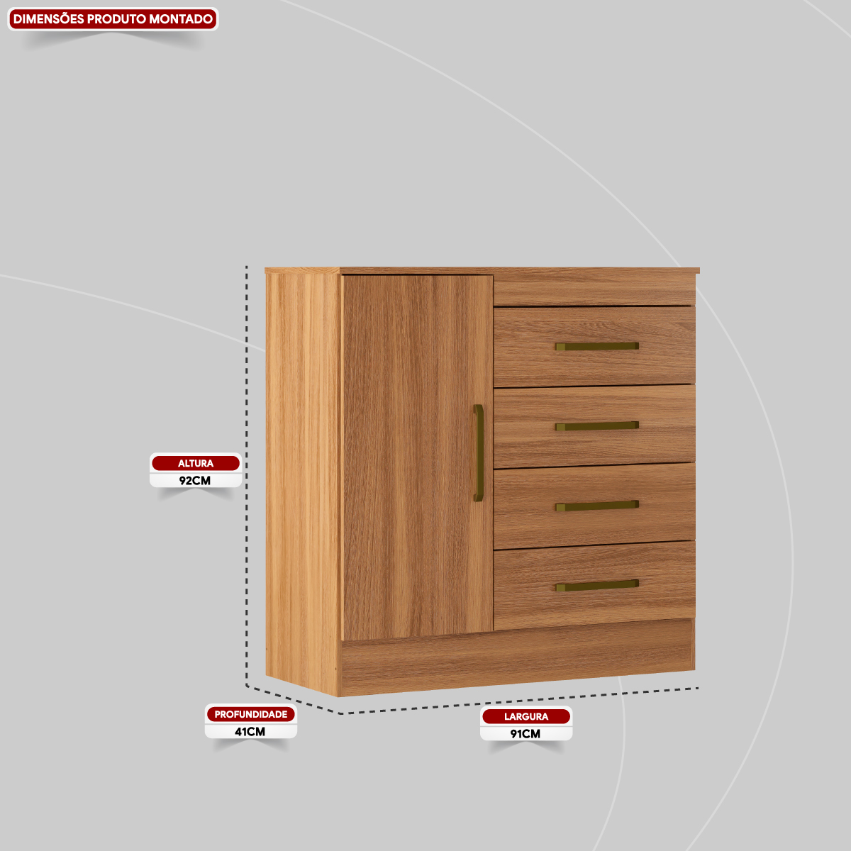 Cômoda Montevidéu 1 Porta 4 Gavetas 91 cm - Comoda para Quarto - Demobile