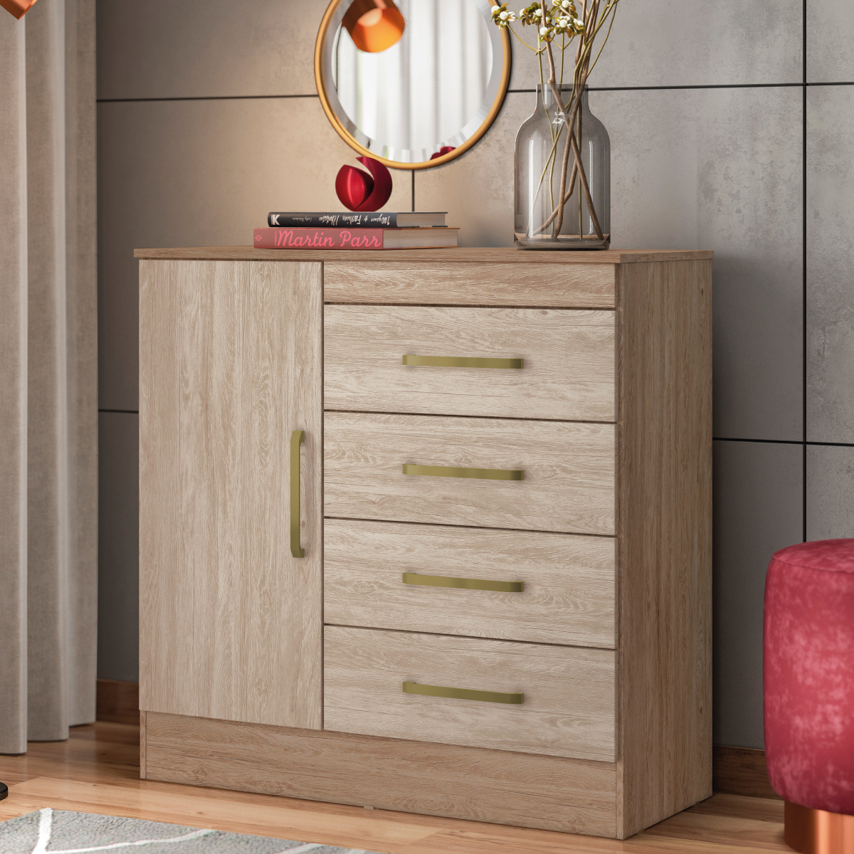 Cômoda Montevidéu 1 Porta 4 Gavetas 91 cm - Comoda para Quarto - Demobile