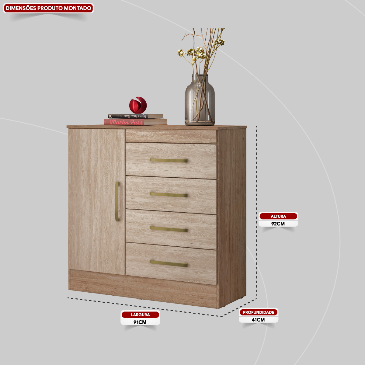 Cômoda Montevidéu 1 Porta 4 Gavetas 91 cm - Comoda para Quarto - Demobile