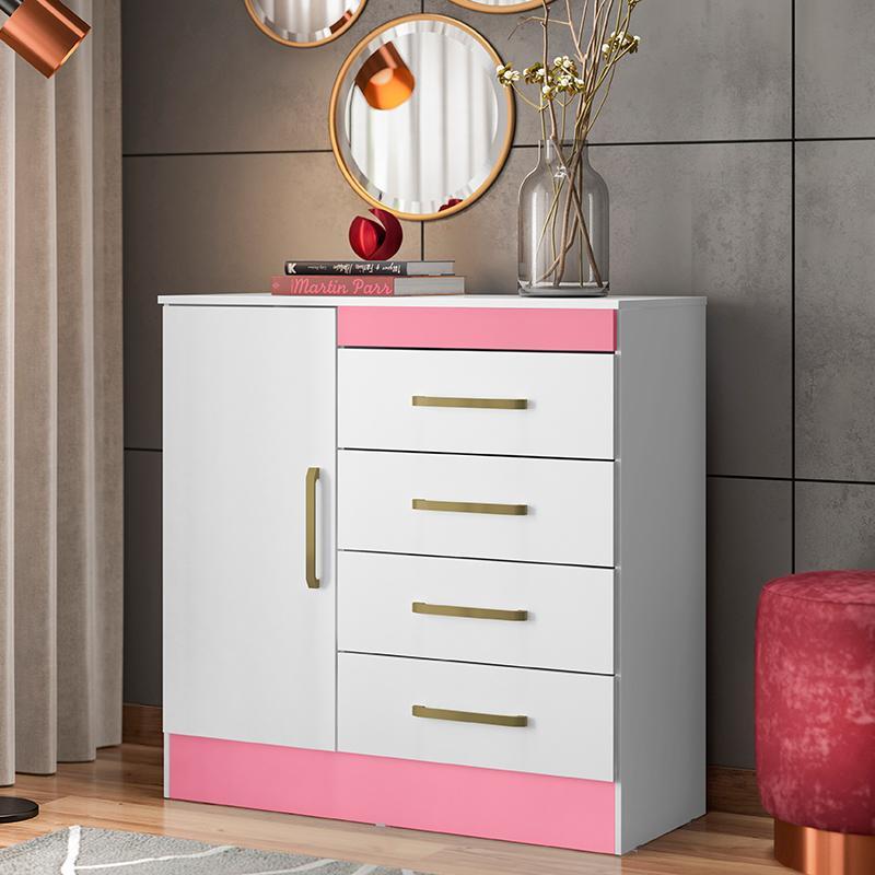 Cômoda Montevidéu 1 Porta e 4 Gavetas Flex Branco/Rosa - Demóbile
