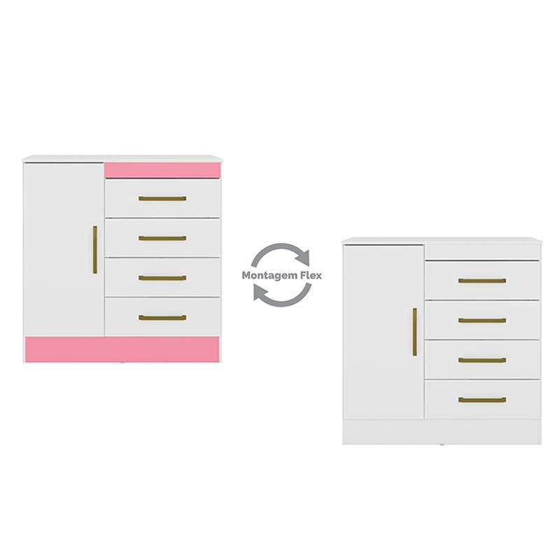 Cômoda Montevidéu 1 Porta e 4 Gavetas Flex Branco/Rosa - Demóbile