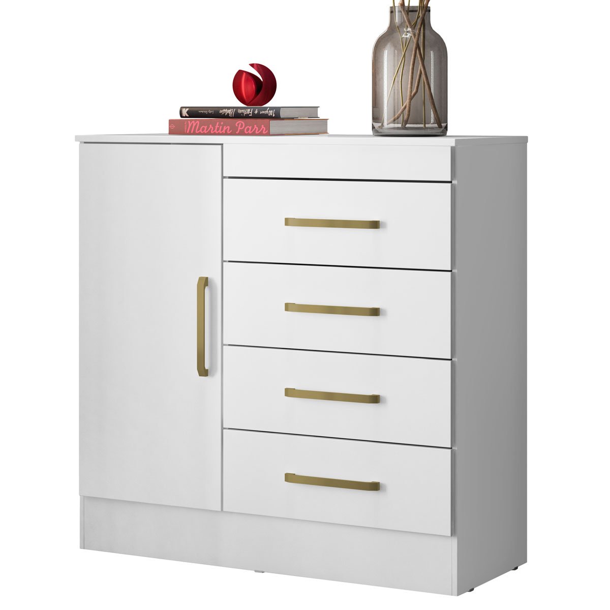 Cômoda Sapateira 1 Porta 4 Gavetas Uruguai Branco/Rosa/Branco Flex