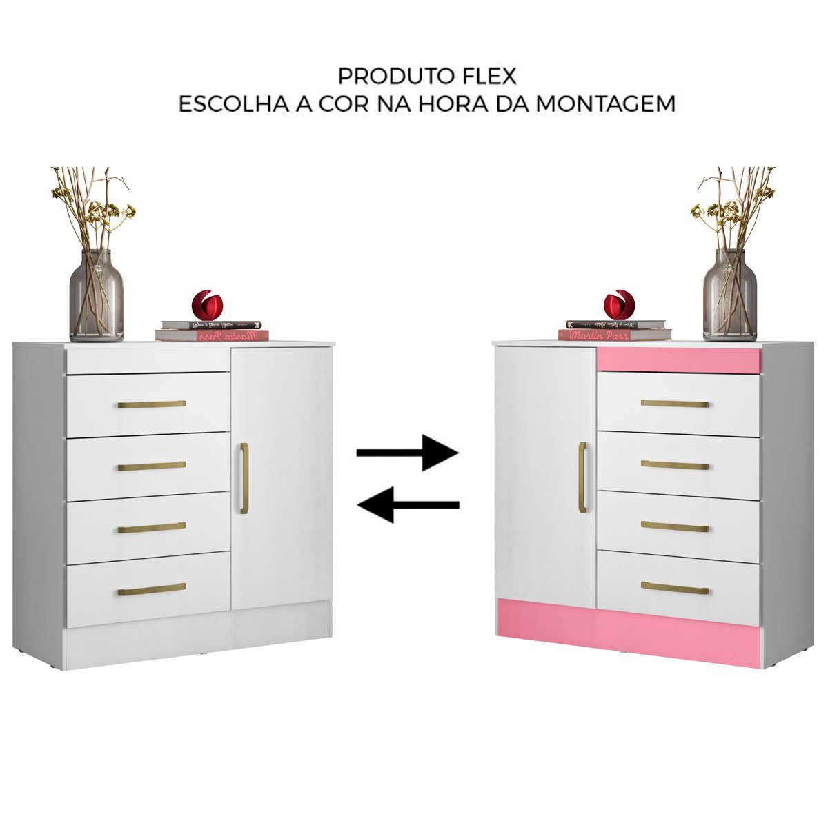 Cômoda Sapateira 1 Porta 4 Gavetas Uruguai Branco/Rosa/Branco Flex