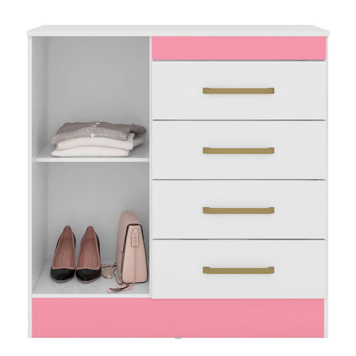 Cômoda Sapateira 1 Porta 4 Gavetas Uruguai Branco/Rosa/Branco Flex