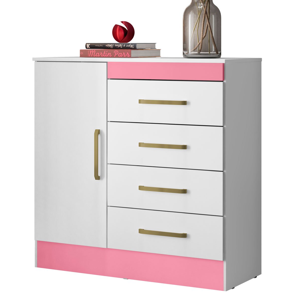 Cômoda Sapateira 1 Porta 4 Gavetas Uruguai Branco/Rosa/Branco Flex