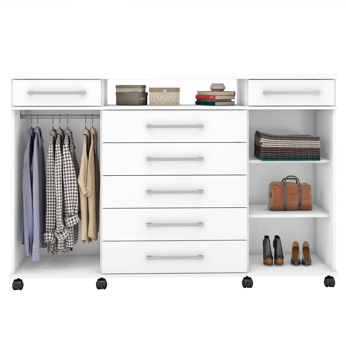 Cômoda Sapateira 2 Portas 7 Gavetas com Rodízios River Branco