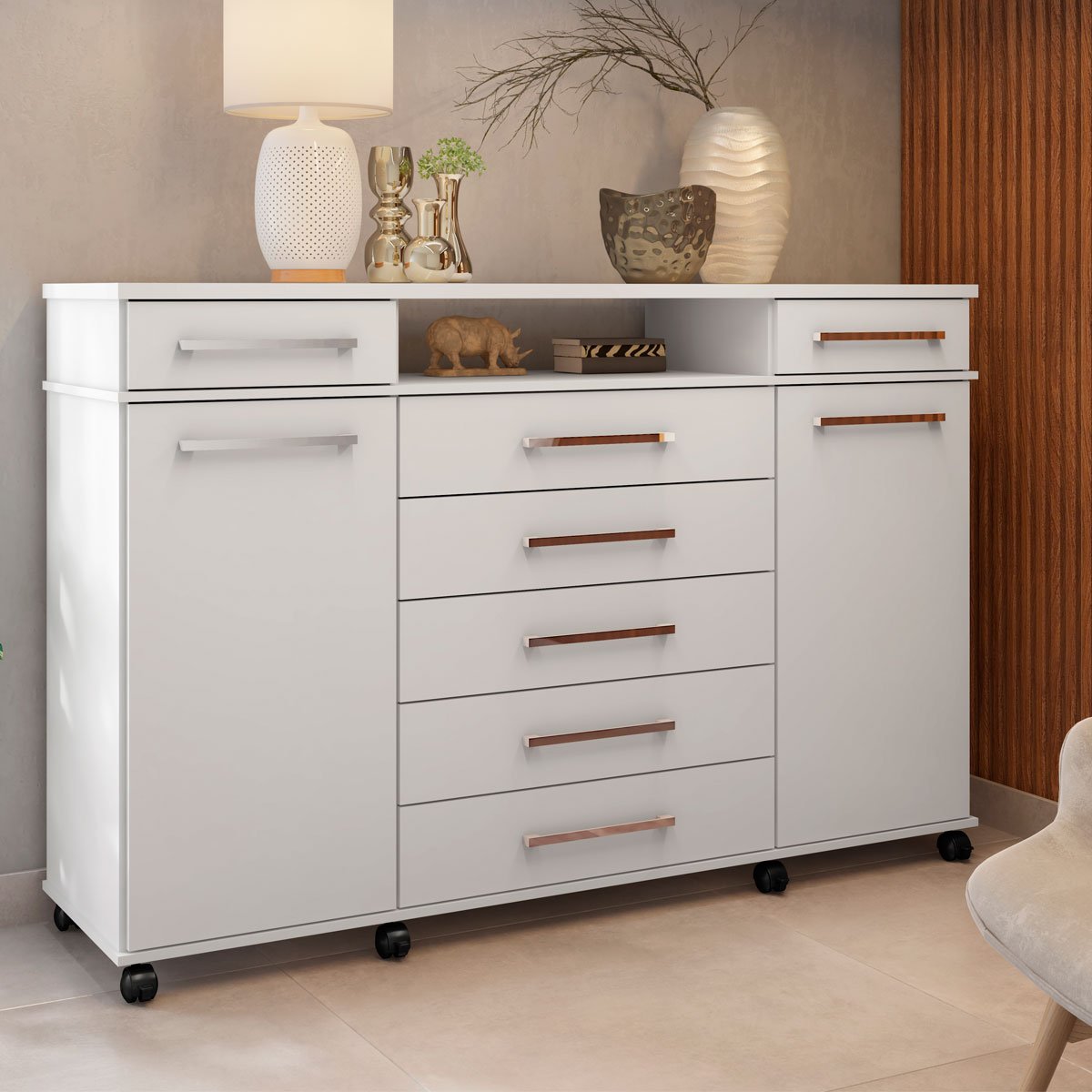 Cômoda Sapateira 2 Portas 7 Gavetas com Rodízios River Branco