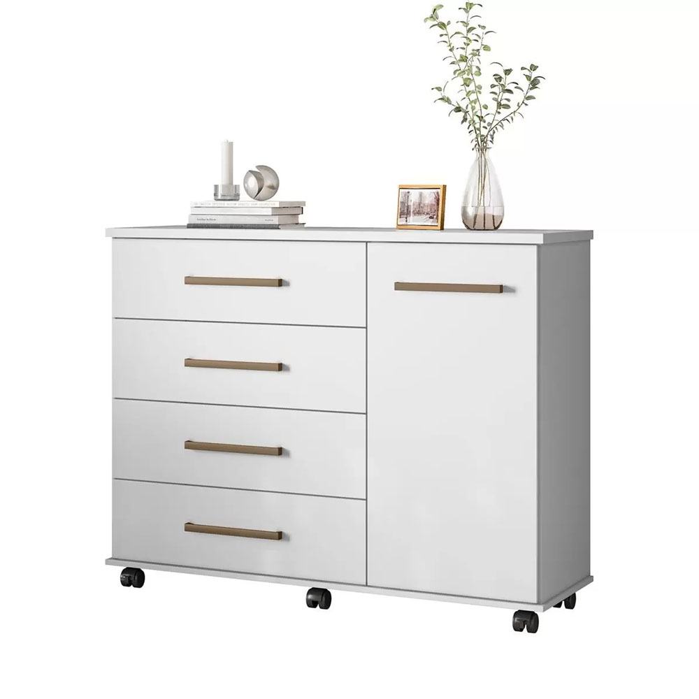 Cômoda Sapateira Flora 1 Porta 4 Gavetas C/ Rodízios Branco Demóbile - SSX Multicoisas