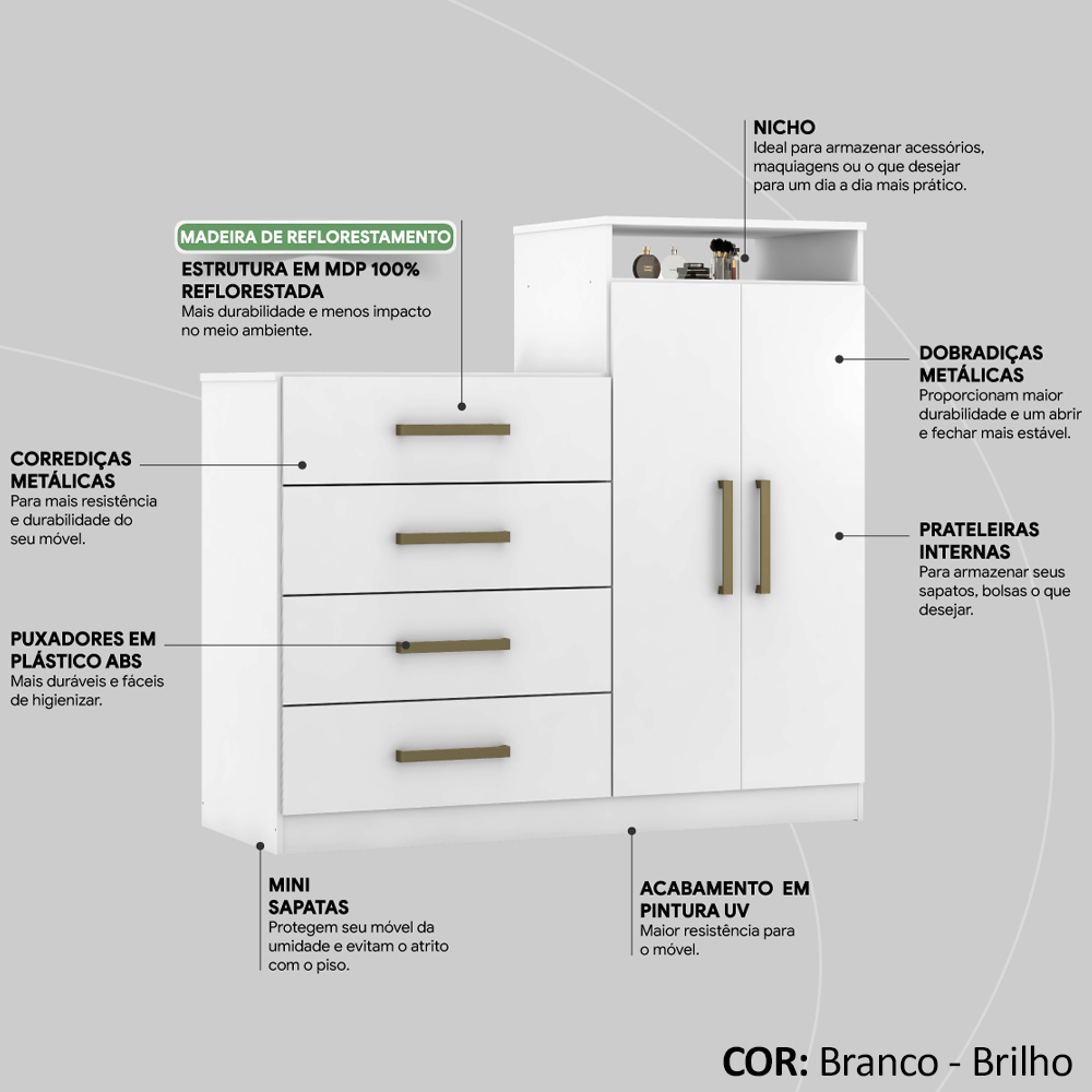 Comoda Sapateira 2 Portas 4 Gavetas 4270 Branco Demobile