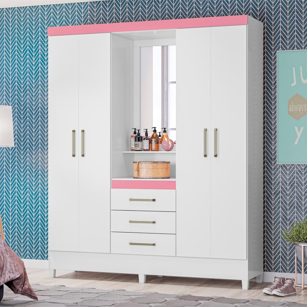 Conjunto Cabeceira e Guarda Roupa Casal Arezzo Branco Rosa