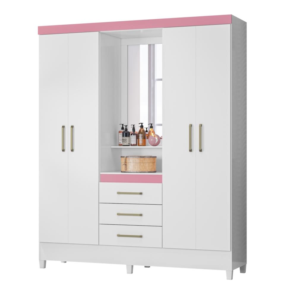Conjunto Cabeceira e Guarda Roupa Casal Arezzo Branco Rosa