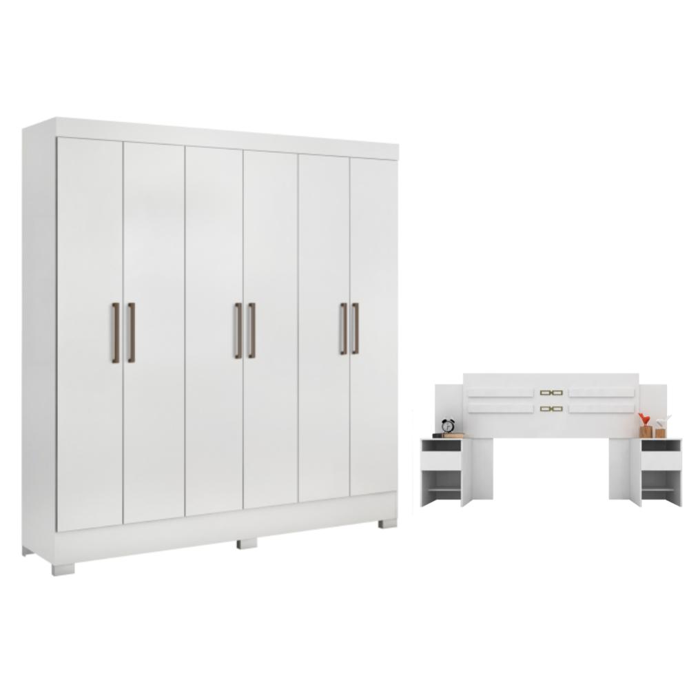 Conjunto Cabeceira e Guarda Roupa Casal Ferrara Branco