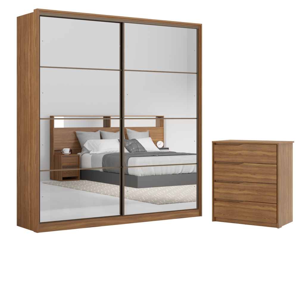 Conjunto Quarto Guarda Roupa com 2 Espelhos e Comoda Napolis Amendola