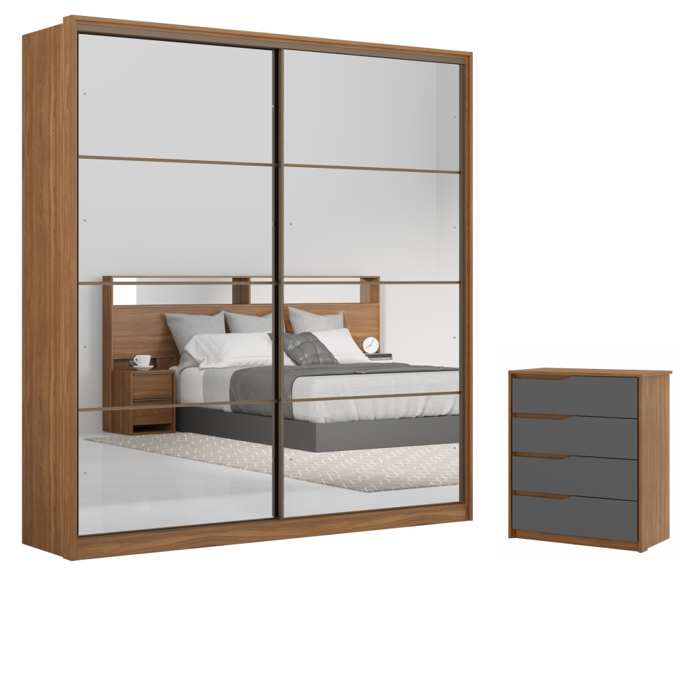 Conjunto Quarto Guarda Roupa com 2 Espelhos e Comoda Napolis Amendola Grafito