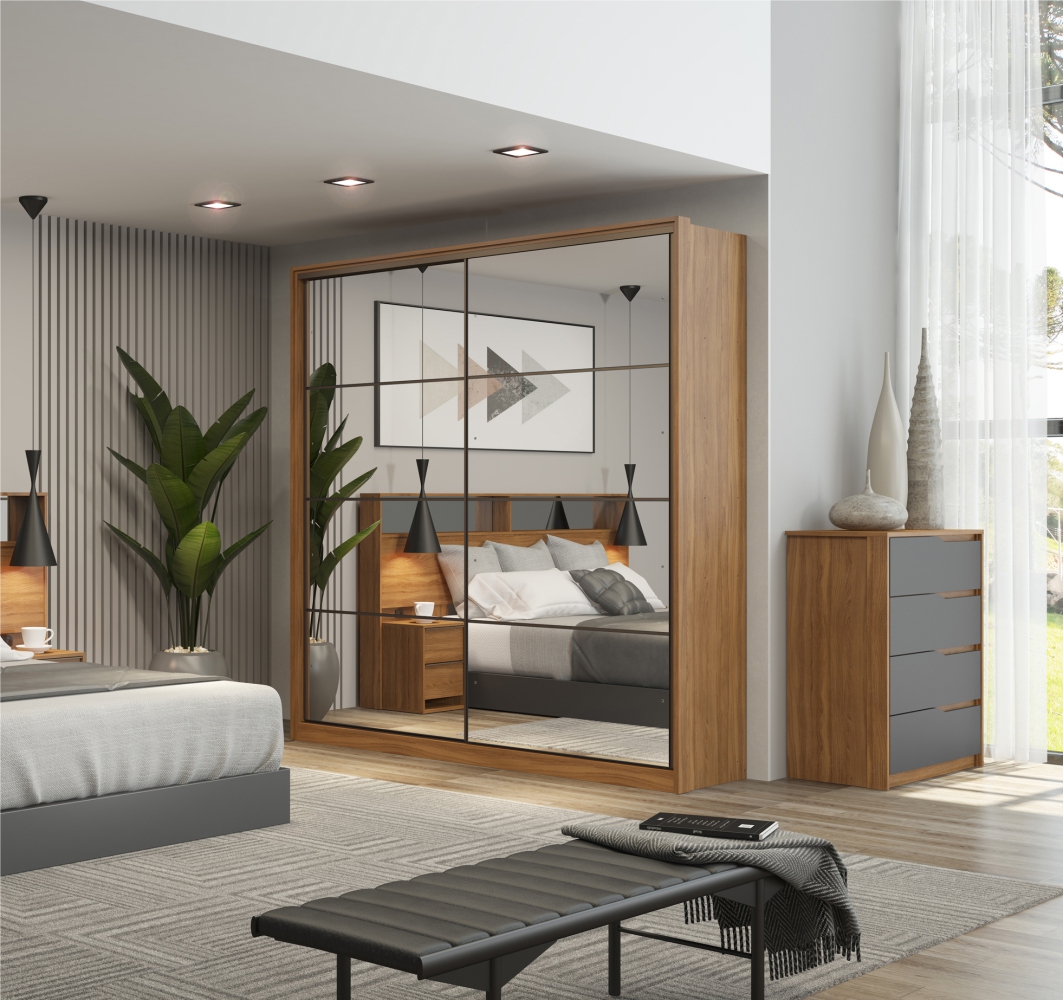 Conjunto Quarto Guarda Roupa com 2 Espelhos e Comoda Napolis Amendola Grafito