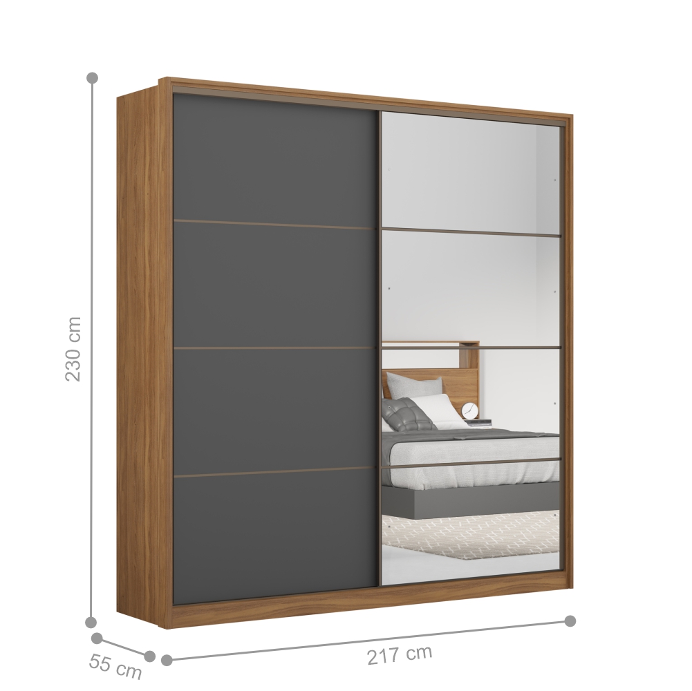 Conjunto Quarto Guarda Roupa com Espelho e Comoda Napolis Amendola Grafito