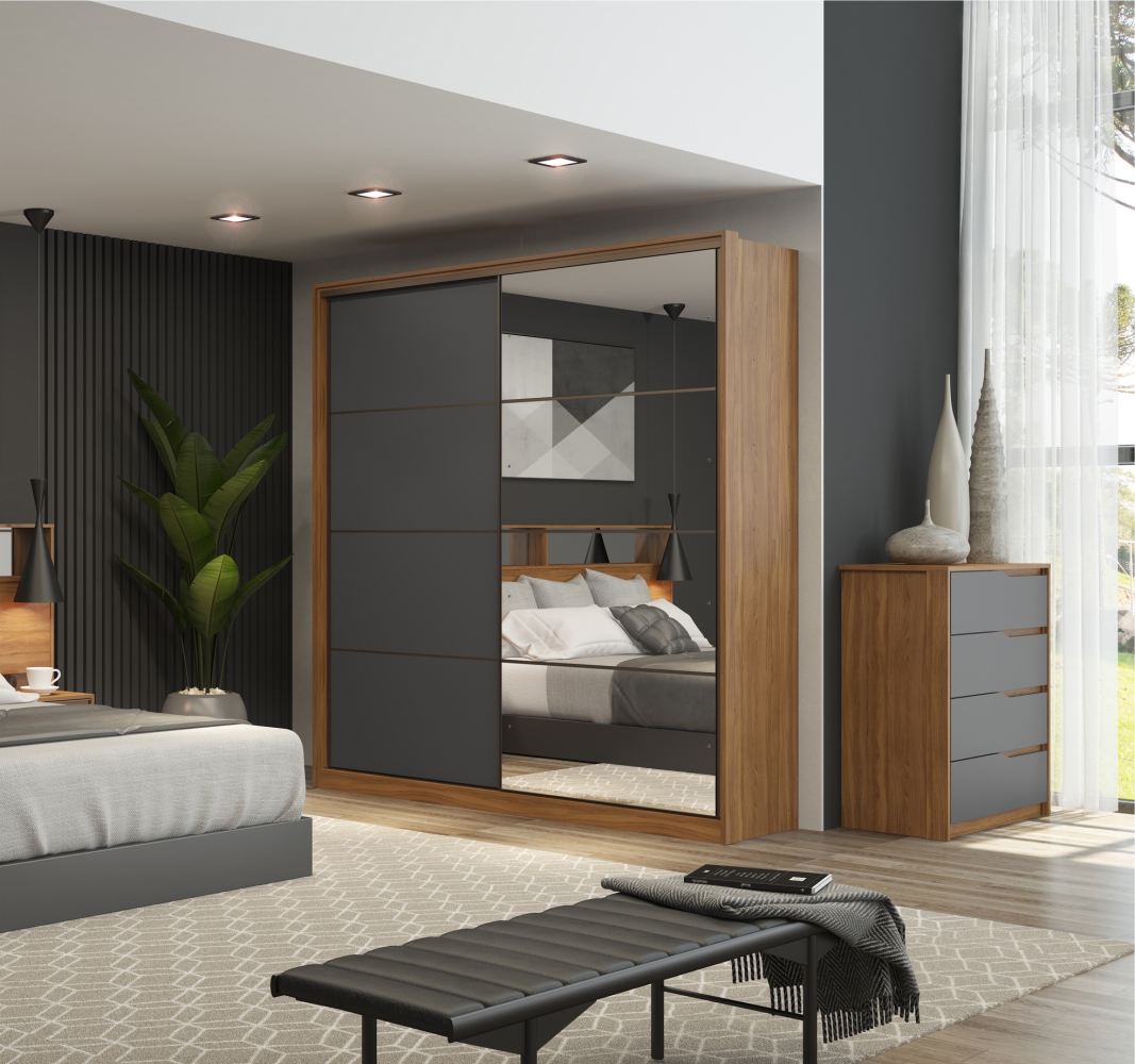 Conjunto Quarto Guarda Roupa com Espelho e Comoda Napolis Amendola Grafito