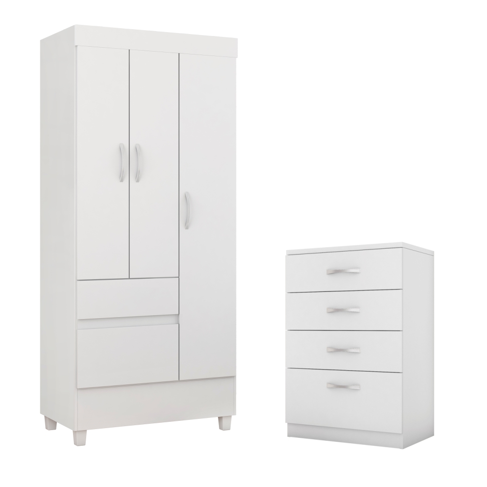 Conjunto Quarto Guarda Roupa e Comoda Fabi Branco Rosa