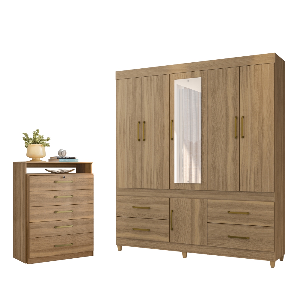 Conjunto Quarto Guarda Roupa e Comoda Monza Amendola
