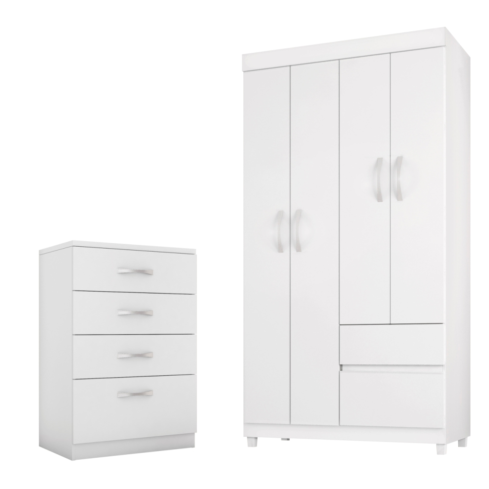 Conjunto Quarto Guarda Roupa e Comoda Vicenza Branco Rosa