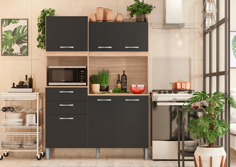 Cozinha Compacta 6 Portas 2 Gavetas Harmonia 96201 Avena Grafito Demobile