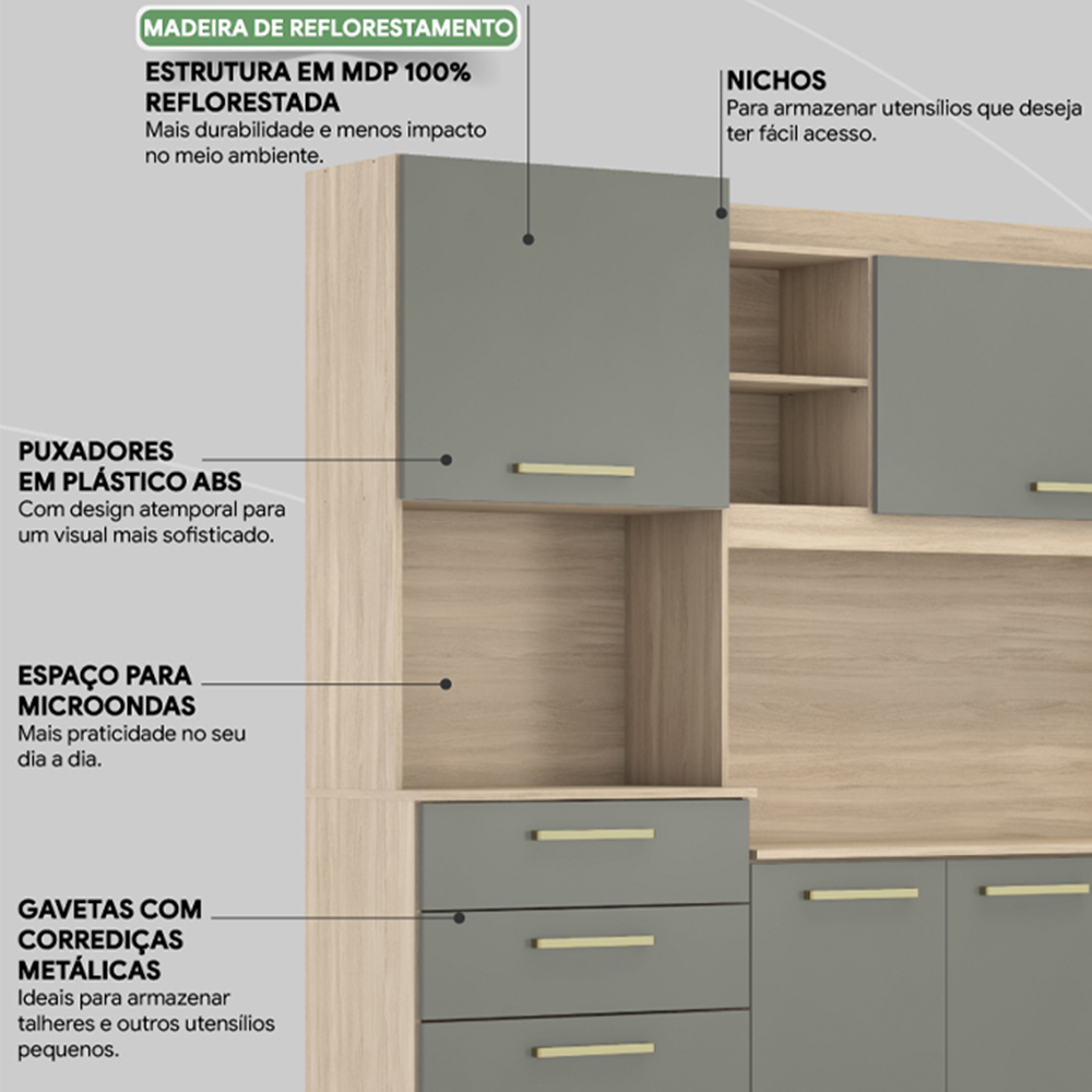 Cozinha Compacta 6 Portas 2 Gavetas Selecta 96211 Avena Menta Demobile