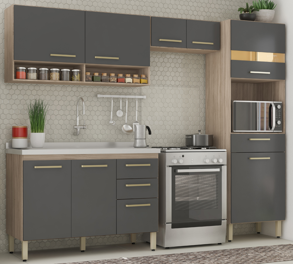 Cozinha Compacta 99101 Com Balcao 93201 Dama Avena Grafito Demobile