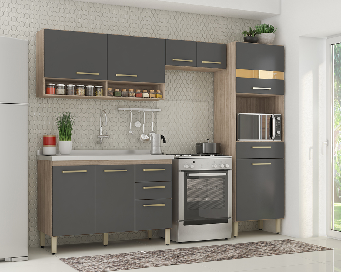 Cozinha Compacta 99101 Com Balcao 93201 Dama Avena Grafito Demobile