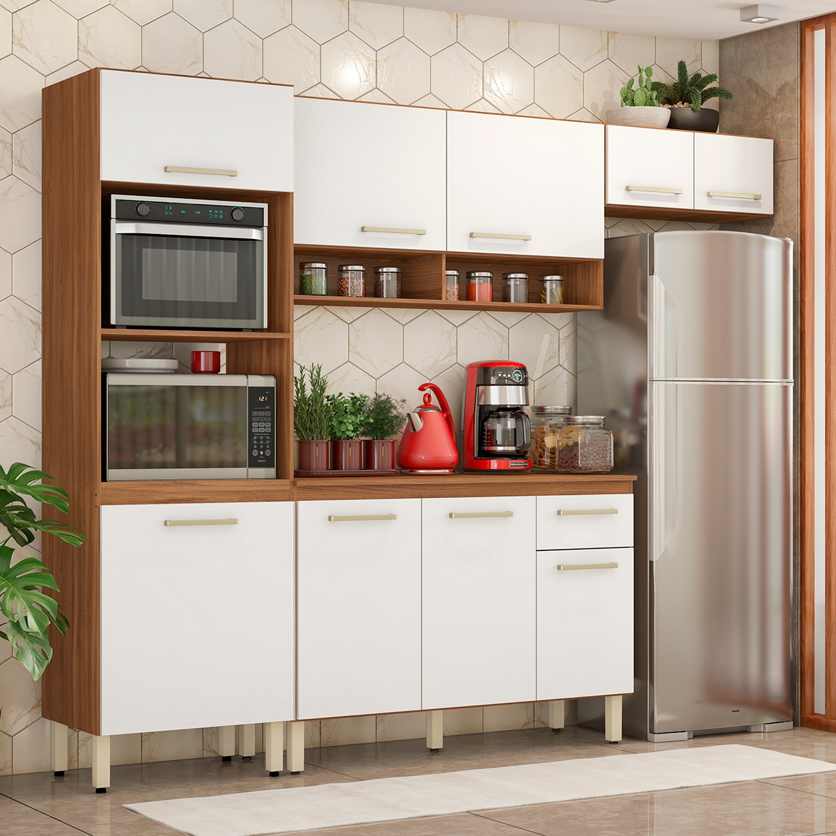 Cozinha Compacta Com Balcão 3 Peças Dubai Amêndola Branco