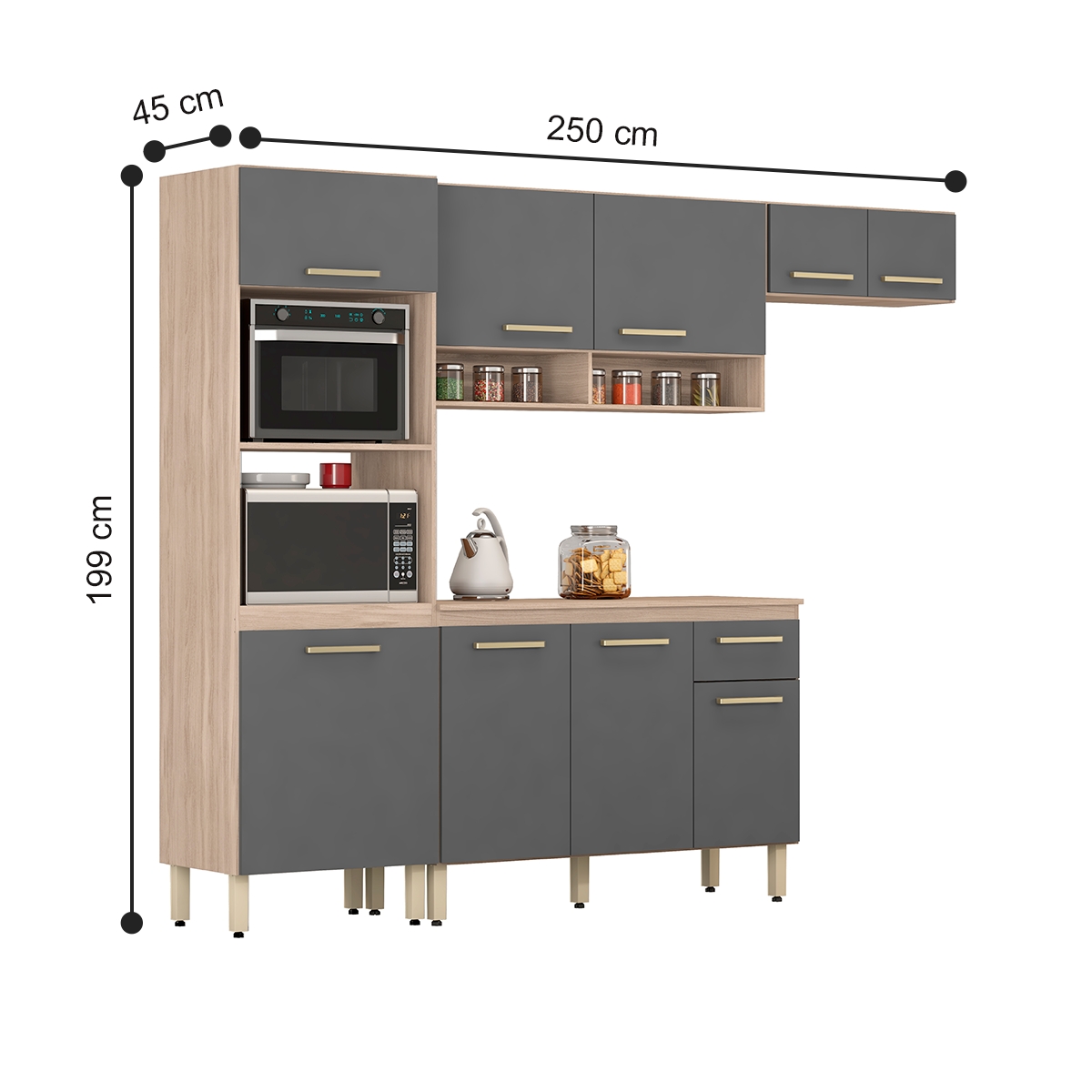 Cozinha Compacta Com Balcão 3 Peças Dubai Avena Grafito