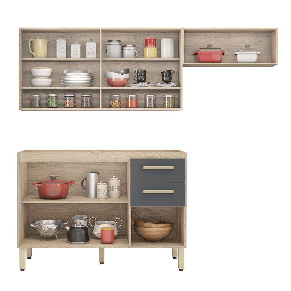 Cozinha Compacta Dama 7 Portas 3 Gavetas Avena e Grafito
