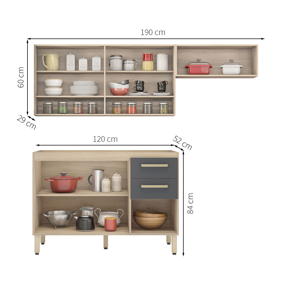 Cozinha Compacta Dama 7 Portas 3 Gavetas Avena e Grafito