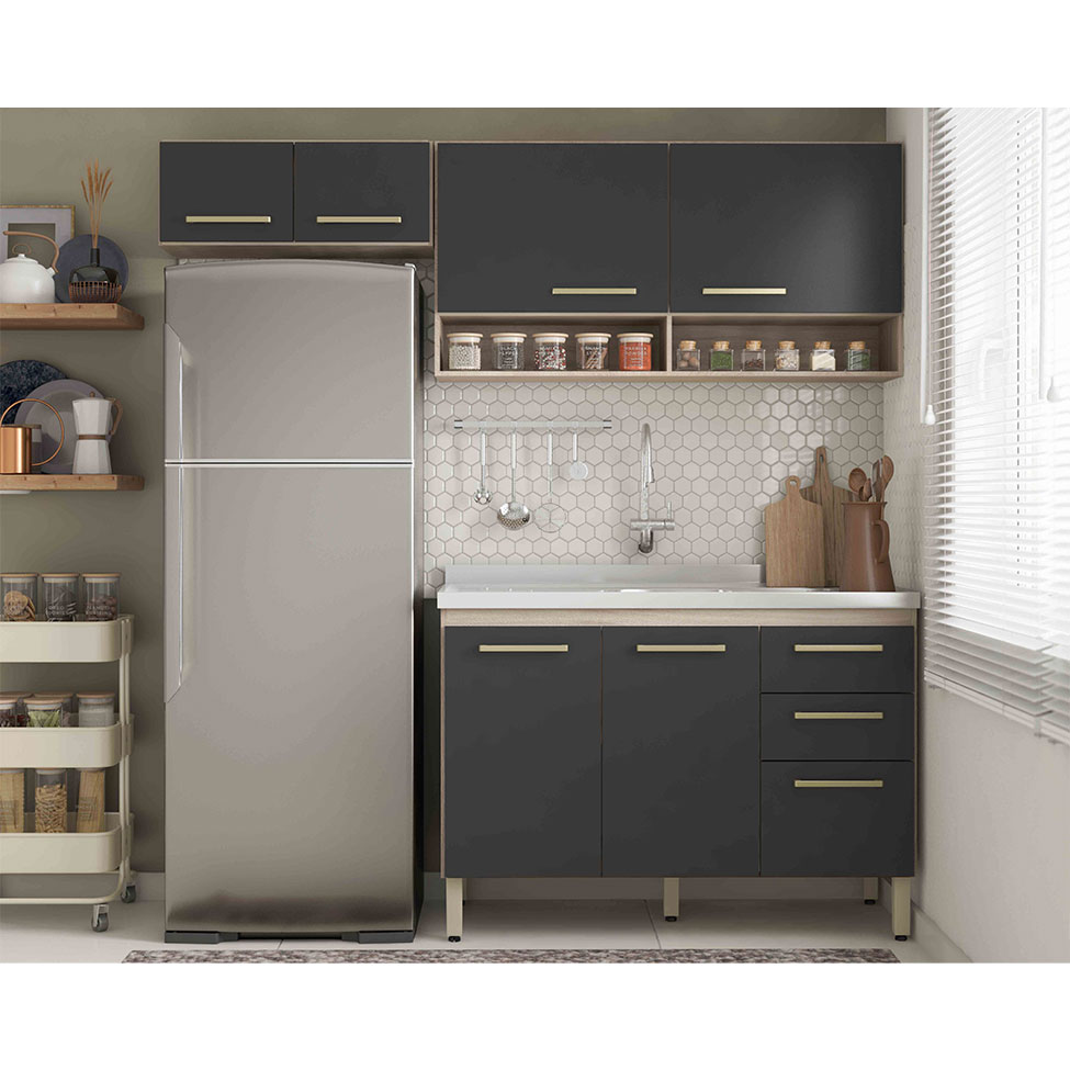Cozinha Compacta Dama 7 Portas 3 Gavetas Avena e Grafito