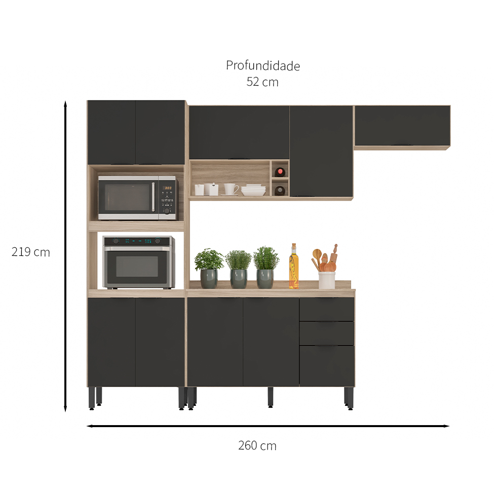 Cozinha Compacta Firenze 10 Portas 2 Gavetas Avena e Grafito