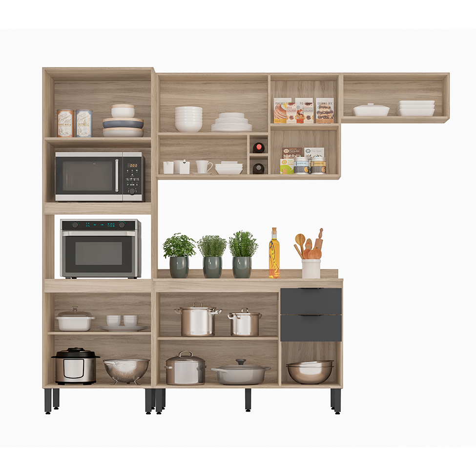 Cozinha Compacta Firenze 10 Portas 2 Gavetas Avena e Grafito