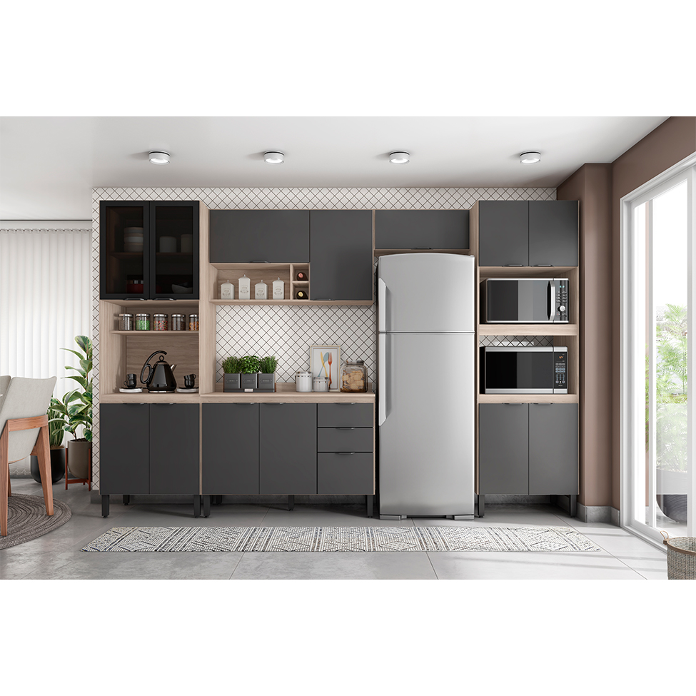 Cozinha Compacta Firenze 14 Portas 2 Gavetas Avena e Grafito