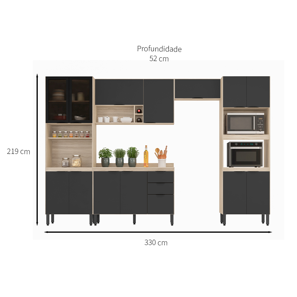 Cozinha Compacta Firenze 14 Portas 2 Gavetas Avena e Grafito