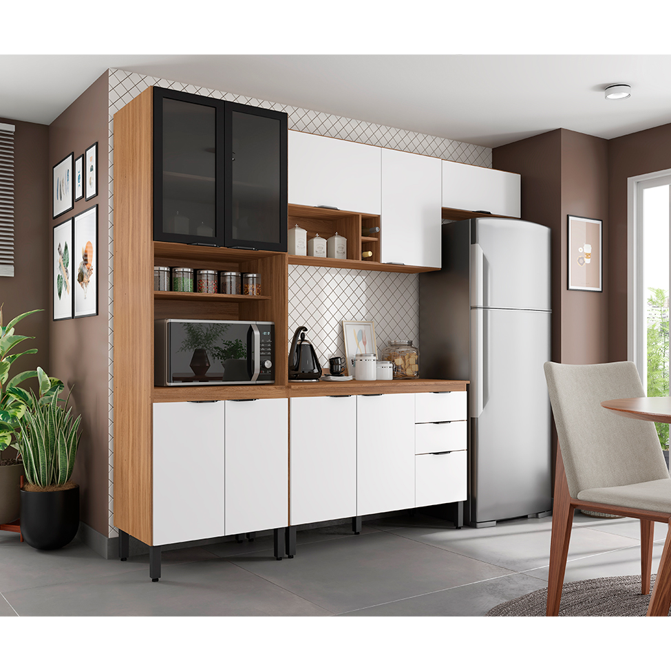 Cozinha Compacta Firenze I 10 Portas 2 Gavetas Amêndola e Branca