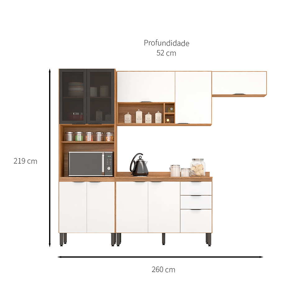 Cozinha Compacta Firenze I 10 Portas 2 Gavetas Amêndola e Branca
